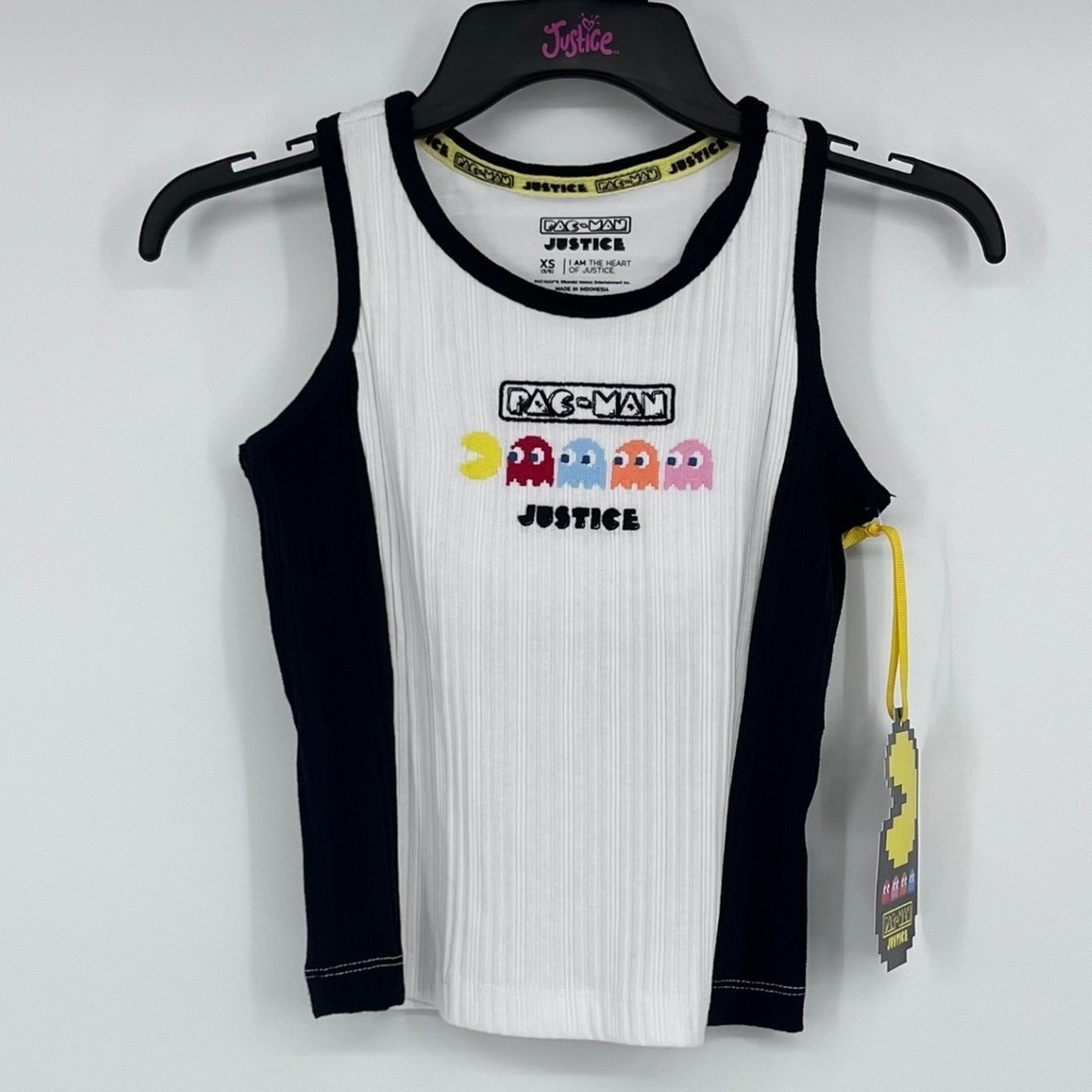 NWT Justice Pac-Man Girls Ribbed Racerback Tank Top White Black XS 5/6